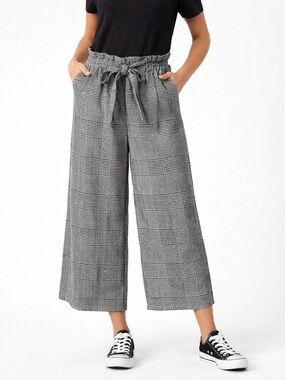 Forever 21 Plaid Wide Leg Paperbag Waist Belted Pants L